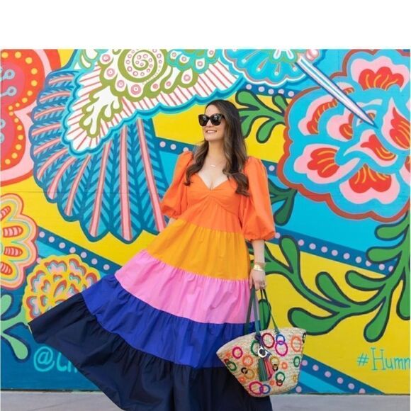Anthropologie Farm Rio Tiered Colorblock
Puff Sleeves Fun Maxi Dress - Picture 9 of 16